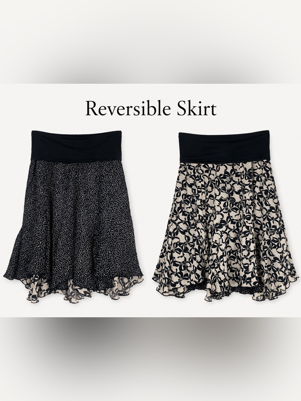 CAbi Reversible Black & Cream Floral Circle Skirt